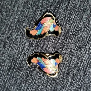 Vintage CLOISONNE Enamel Gokd Tone Clip On Butterfly Earrings